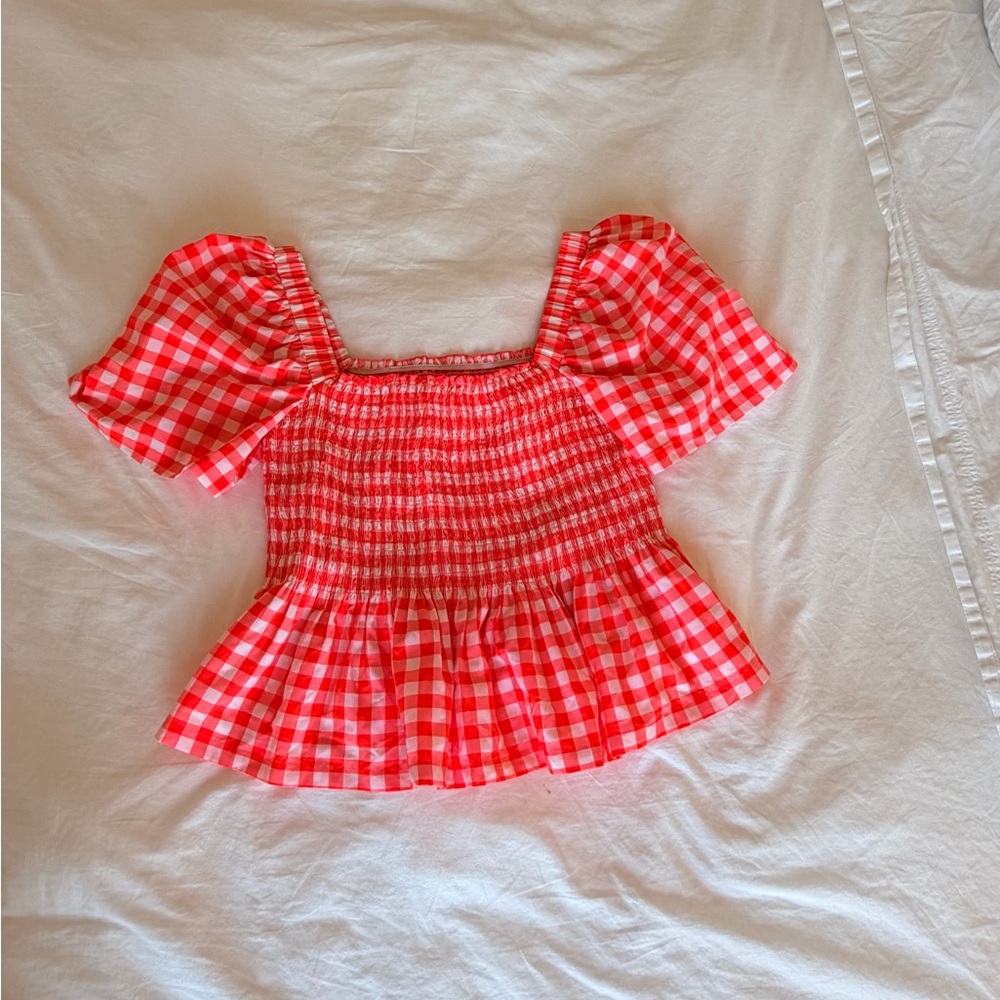 Red Gingham Smocked Puff Sleeve Top